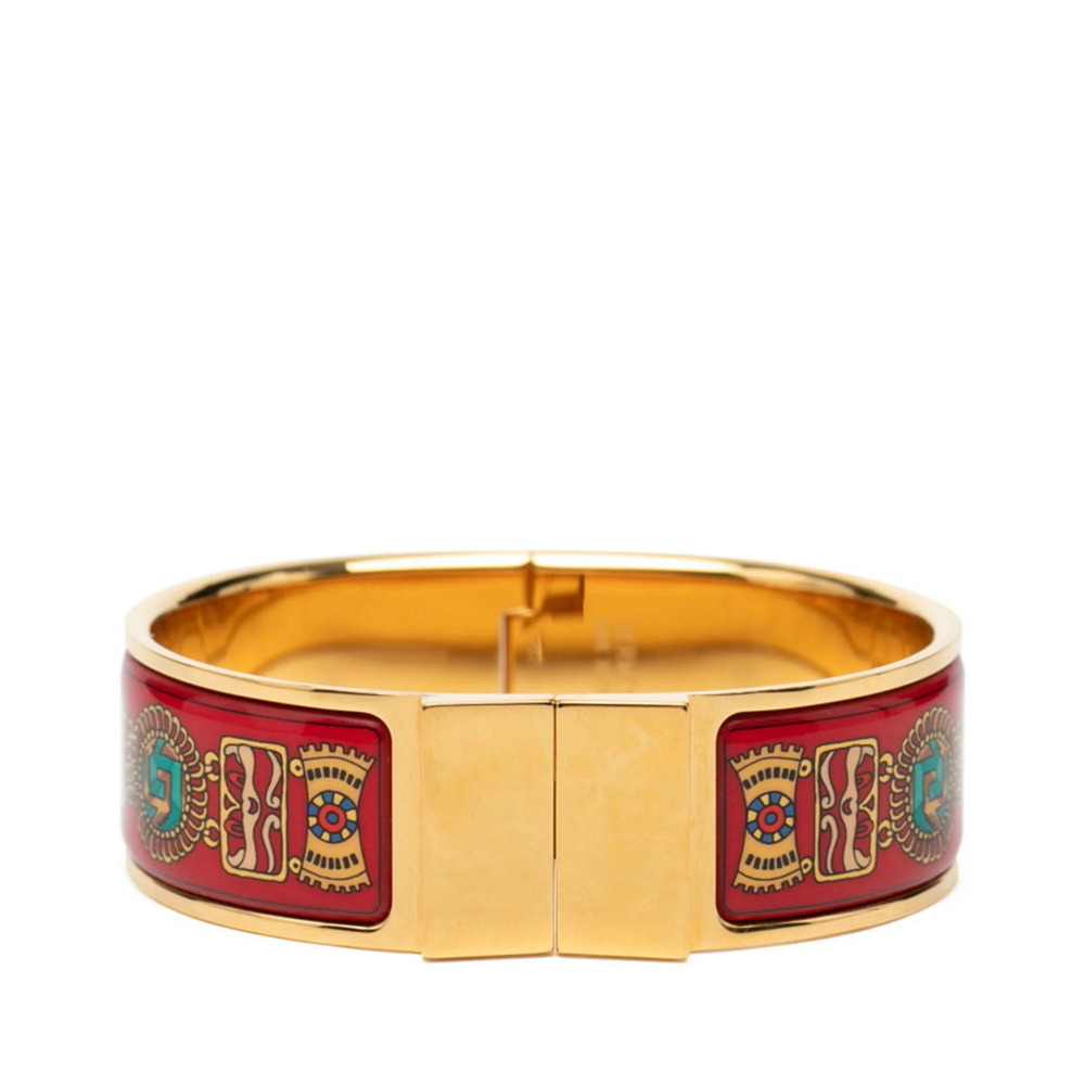 Hermes Email GM Loquet Cloisonné Bracelet Bangle Gold Red Multicolor Plated W...